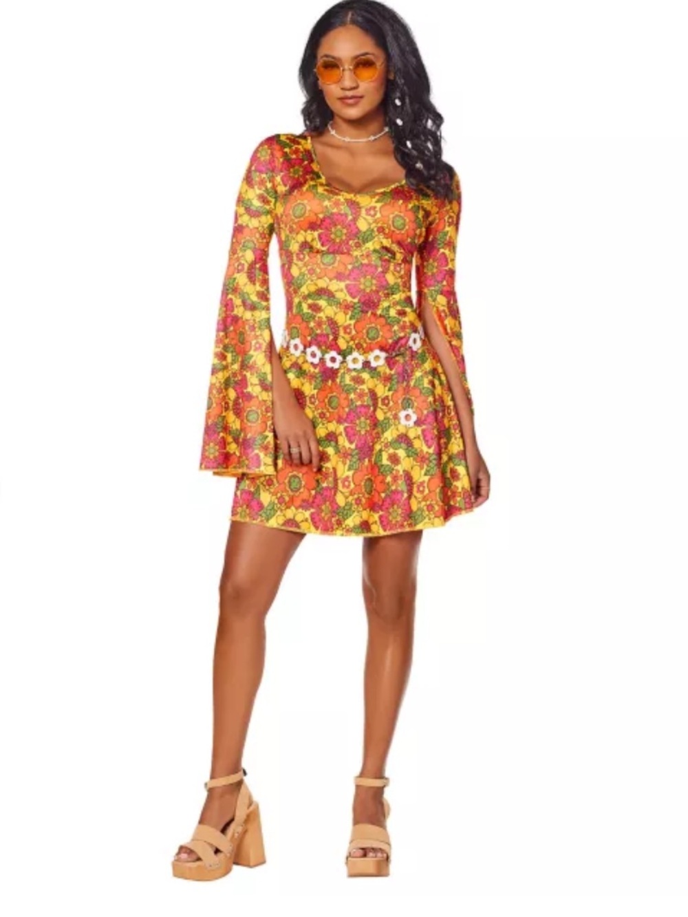 Retro Floral V-Neck Long Sleeve Mini Dress - Bright Red & Yellow